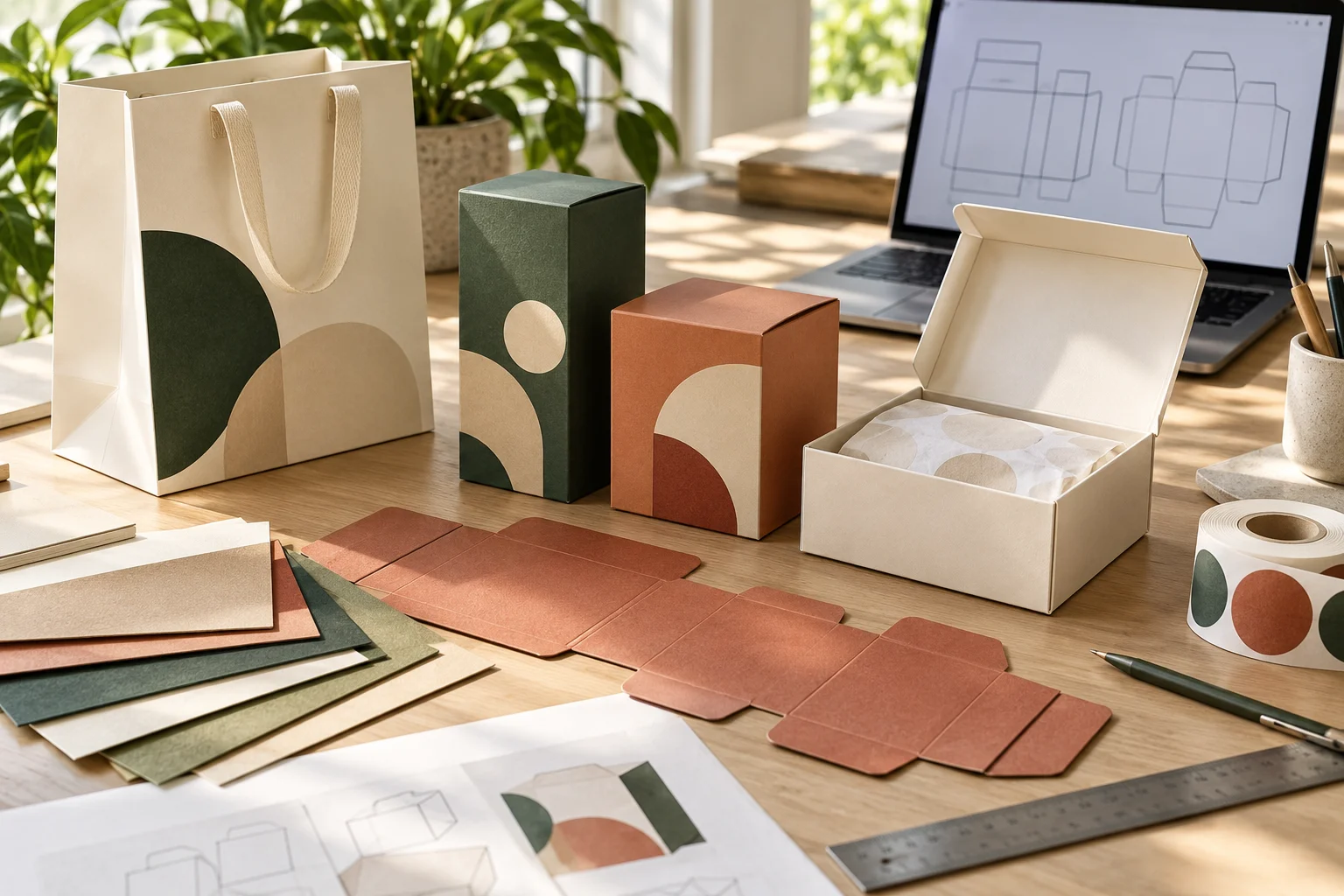 Packaging design and sampling concepts with bags, cartons and stickers