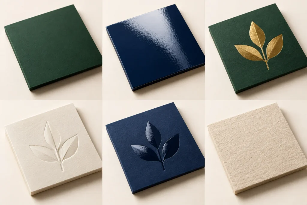 Concept illustrations of matte, gloss, foil stamping, embossing, spot UV and textured paper